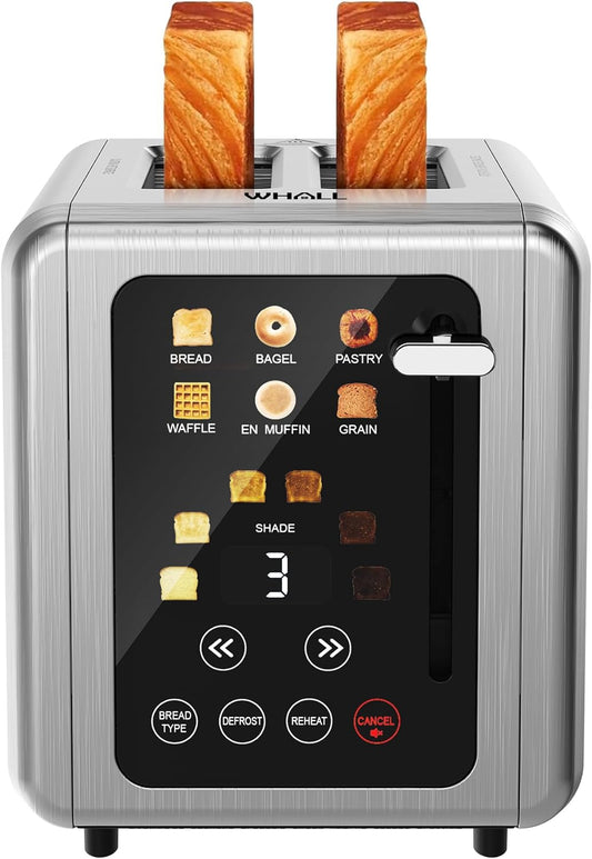 WHALL Touch Screen Toaster 2 Slice, Stainless Steel Digital Timer Toaster with Sound Function, Smart Extra Wide Slots Toaster with Bagel, Cancel, Defrost