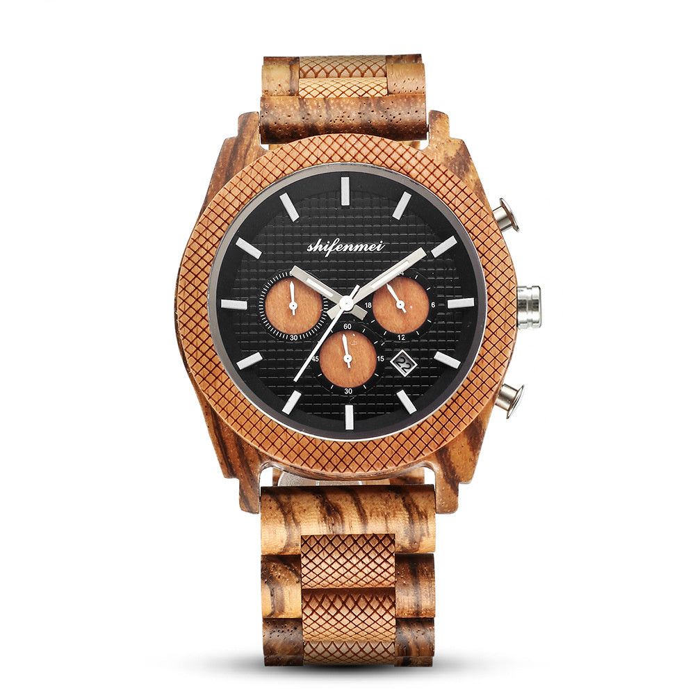 Mens Six Hand Chronograph Calendar Sports Wood Casual Watch