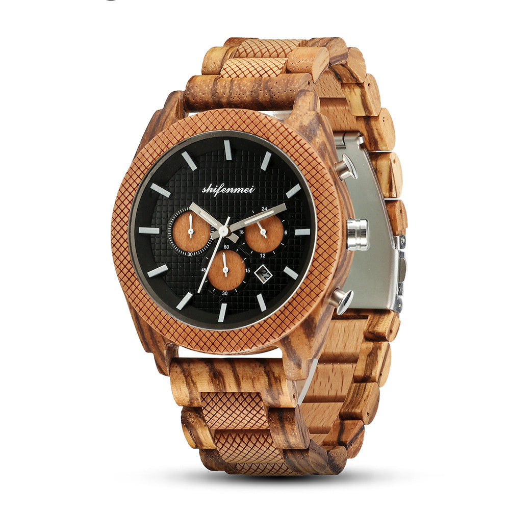 Mens Six Hand Chronograph Calendar Sports Wood Casual Watch